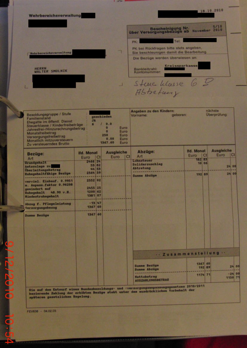 Pensionsabrechnung November 201003