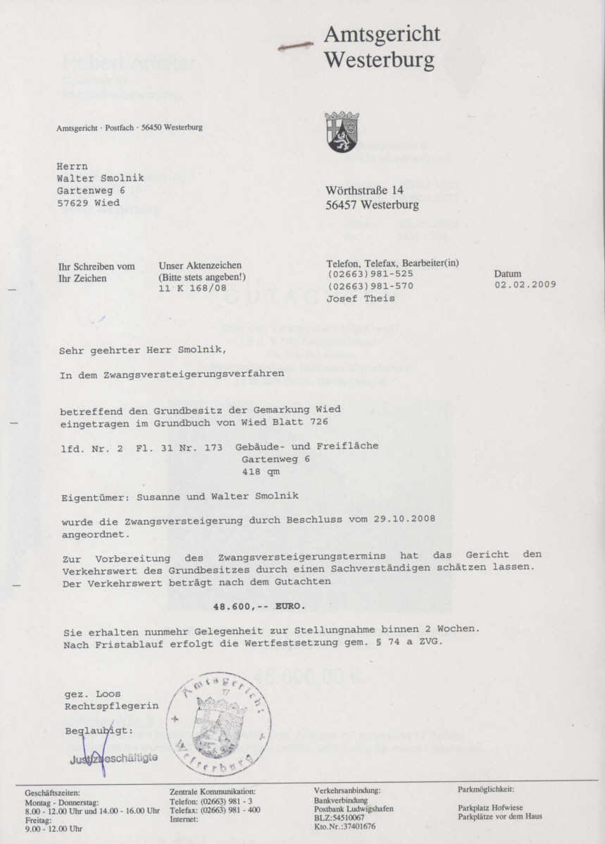 Schtzungsmitteilung des Amtsgerichtes Westerburg vom 01 Februar 2009 verkleinert