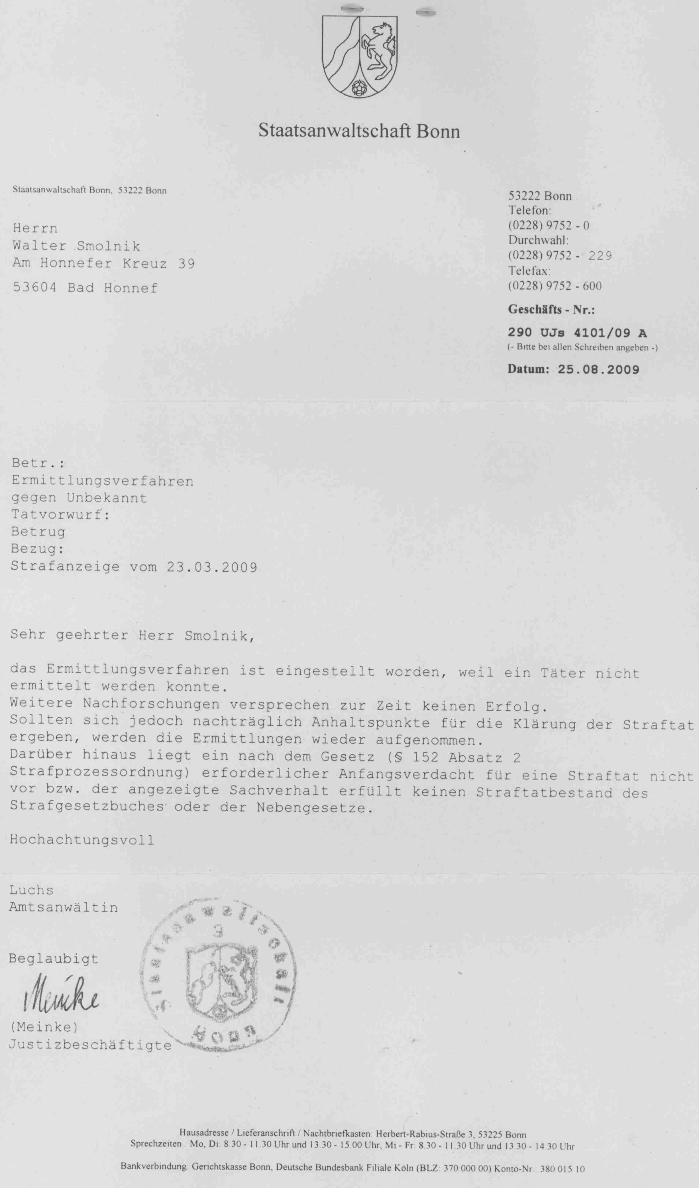 Staatsanwaltschaft Bonn zu Anzeige vom 23 03 200902
